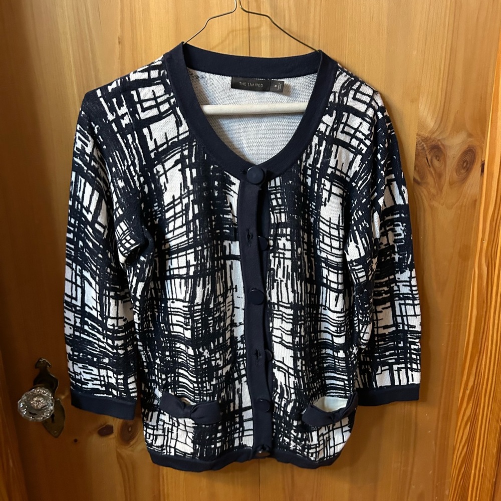The Limited Navy and White Abstract Pattern Cardigan